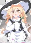  1girl :d absurdres aged_down apron black_hat black_skirt black_vest blonde_hair blush bow braid child commentary_request flask hair_bow hat hat_bow haya_s2 highres kirisame_marisa long_hair looking_at_viewer oversized_clothes side_braid single_braid skirt sleeves_past_fingers sleeves_past_wrists smile smoke solo sweatdrop touhou vest waist_apron white_apron white_bow witch_hat yellow_eyes 