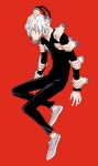  1boy black_pants black_shirt boku_no_hero_academia collarbone commentary disembodied_hand full_body grey_shoes long_sleeves male_focus pants red_background rem_(tsulala) shigaraki_tomura shirt shoes simple_background solo untranslatable_commentary white_hair 