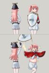  >_< 2girls ^^^ absurdres azur_lane blue_eyes breasts cape crop_top custodian_helmet flying_sweatdrops gallant_(azur_lane) grey_background griffin_(azur_lane) hands_on_own_hips helmet highres holding holding_shield indexo4 long_hair long_sleeves medium_hair mixed-language_commentary multiple_girls navel nervous pantyhose pink_hair plump police police_uniform red_cape shield shorts siblings simple_background sisters stomach twintails underboob white_pantyhose white_shorts 