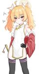  1girl absurdres ahoge black_gloves black_thighhighs blonde_hair blue_archive blush bow chinese_clothes coat commentary double-parted_bangs dress earrings feet_out_of_frame flat_chest gloves grey_eyes hair_between_eyes hair_bow half_gloves halo hand_on_own_hip highres jewelry long_hair looking_at_viewer qipao red_coat sari_(zakura27502762) short_dress side_slit sidelocks simple_background solo squiggle standing sweat thighhighs twintails white_background white_dress yellow_halo yoshimi_(blue_archive) 