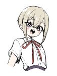  1girl :d blonde_hair blush cropped_torso dot_nose double-parted_bangs flat_chest hair_between_eyes highres kimi_no_koto_ga_dai_dai_dai_dai_daisuki_na_100-nin_no_kanojo looking_at_viewer mamesuki neck_ribbon ohananomitsu_high_school_uniform purple_eyes raised_eyebrows red_ribbon ribbon school_uniform shirt short_hair_with_long_locks short_sleeves sidelocks simple_background smile solo sutou_iku teeth thick_eyebrows upper_teeth_only white_background white_shirt wide-eyed 