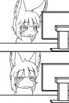 2019 alpha_channel anthro black_and_white buneposter cat_smile closed_smile comic computer_monitor desk eyelashes female fur furniture hair half-closed_eyes lagomorph looking_at_computer looking_at_object looking_at_viewer made_in_abyss mammal monochrome mouth_closed nanachi narehate narrowed_eyes reaction_image simple_background smile solo table transparent_background whiskers