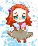  1girl aqua_eyes blue_bow blue_shoes bow brown_skirt chibi chibi_only closed_mouth commentary_request diana_(kyokugen_dasshutsu) flower footwear_bow freckles full_body hair_flower hair_ornament highres kyokugen_dasshutsu long_hair long_skirt long_sleeves orange_hair outline pantyhose red_pantyhose red_shirt shirt shoes skirt smile solo splatter_background striped_clothes striped_footwear striped_shoes tebaken_mind white_background white_outline zero_escape:_toki_no_dilemma 