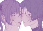  1boy 1girl asymmetrical_bangs bishounen black_bow black_nails blue_eyes blunt_bangs blunt_ends blush bow couple curtained_hair eye_contact eyelashes face-to-face genshin_impact grey_hair hair_between_eyes hair_bow hair_intakes half-closed_eyes hand_on_another's_face hetero highres imminent_kiss long_hair looking_at_another lower_teeth_only mona_(genshin_impact) naysucc open_hand open_mouth portrait purple_hair scaramouche_(genshin_impact) sidelocks swept_bangs teeth tongue tsurime turtleneck twintails white_background wispy_bangs wolf_cut 