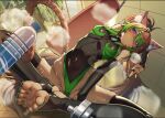 1girl arm_behind_head blue_eyes bottle breasts brown_hair character_request cluseller copyright_request covered_navel foreshortening furry gradient_hair green_hair green_nails groin leotard linea_alba linea_semilunaris multicolored_hair parted_bangs punching solo steam steaming_body stirrup_legwear toeless_legwear water_bottle 