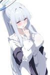  1girl blue_archive blush breasts covered_nipples dress frilled_pajamas frills grey_hair halo highres large_breasts long_hair long_sleeves looking_at_viewer mechanical_halo nightgown noa_(blue_archive) noa_(pajamas)_(blue_archive) official_alternate_costume pajamas ponytail purple_eyes reia_76 smile solo very_long_hair white_dress white_hair white_halo white_nightgown white_pajamas 