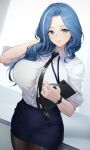  1girl absurdres alternate_costume black_necktie black_pantyhose blue_eyes blue_hair blue_skirt breasts button_gap clipboard collared_shirt commentary dp-12_(girls'_frontline) girls'_frontline girls'_frontline_2:_exilium hair_over_shoulder helen_(girls'_frontline_2) highres holding holding_clipboard holding_pen huge_breasts long_hair looking_at_viewer multicolored_hair necktie office_lady pantyhose parted_bangs parted_lips pen pencil_skirt plumbum shirt shirt_tucked_in single_hair_streak skirt smile solo streaked_hair white_shirt white_streaks 