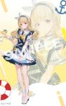  1girl belt bird blonde_hair blue_choker blue_hairband choker closed_mouth commentary_request copyright_name copyright_notice dress flower flower_dress full_body hairband hand_up highres isaya_(pixiv4541633) kogara_toto long_hair looking_at_viewer low_twintails neckerchief official_alternate_costume official_art red_eyes sailor_collar sandals smile solo standing sunflower twintails virtual_youtuber vspo! white_belt white_dress white_sailor_collar white_sandals white_wrist_cuffs wrist_cuffs yellow_bird yellow_neckerchief zoom_layer 