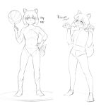 1:1 anthro balancing_object ball basketball_(ball) blep brand_new_animal canid canine digital_drawing_(artwork) digital_media_(artwork) featureless_chest featureless_crotch female hair hand_on_hip hi_res holding_object just_thammi looking_up mammal michiru_kagemori monochrome raccoon_dog raised_arms round_ears short_hair simple_background sketch_page slim solo speech_bubble studio_trigger tanuki text tongue tongue_out