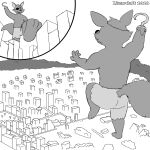 1:1 anthro canid canine city_destruction destruction eye_patch eyewear five_nights_at_freddy's fox foxy_(fnaf) hi_res hook lizarddude812 macro mammal monochrome scottgames short size_difference sketch solo