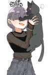  ... 1girl :d animal animalization black_camisole black_cat black_shirt camisole cat collarbone commentary covered_eyes flower flower_knot grey_hair grey_pants hair_flower hair_ornament highres holding holding_animal holding_cat jellyfish_cut katsuragi_izumi long_sleeves love_live! love_live!_hasu_no_sora_jogakuin_school_idol_club momose_ginko open_mouth pants puripuri_hurai see-through_clothes see-through_shirt see-through_sleeves shirt smile speech_bubble spoken_ellipsis tassel tassel_hair_ornament translation_request virtual_youtuber white_flower 