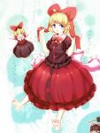  1girl back_bow barefoot blonde_hair bow bowtie brown_shirt bubble_skirt commentary_request dated fairy_wings full_body furim hair_ribbon hakurei_reimu highres looking_at_viewer medicine_melancholy puffy_short_sleeves puffy_sleeves purple_eyes red_bow red_bowtie red_ribbon red_skirt ribbon ribbon-trimmed_shirt ribbon-trimmed_skirt ribbon_trim shirt short_sleeves signature skirt soles su-san toes touhou white_bow wings yukkuri_shiteitte_ne 