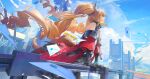  1girl absurdres angelina_(arknights) animal_ear_fluff animal_ears arknights arknights:_endfield bare_shoulders black_gloves blue_sky brown_hair building chinese_commentary cloud coat commentary_request dress drill_hair envelope fox_ears fox_girl gilberta_(arknights) gloves grey_dress hand_on_railing high_collar highres infection_monitor_(arknights) long_hair parted_lips profile railing red_coat sky solo ttk_(kirinottk) 