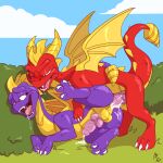 1:1 activision anal anal_penetration balls blush bodily_fluids butt claws cum cum_in_ass cum_inside digital_media_(artwork) dragon duo ejaculation erection feral flame_(spyro) fuf genital_fluids genitals hi_res horn knot knotted_penis male male/male male_penetrated male_penetrating male_penetrating_male membrane_(anatomy) membranous_wings mythological_creature mythological_scalie mythology nude penetration penile penis purple_eyes red_eyes scalie sex spyro spyro_the_dragon tail teeth tongue wings