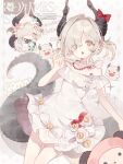  1girl absurdres bow bowtie character_request chibi chibi_inset copyright_request dress eyes_visible_through_hair fang frilled_dress frills ghost grey_hair hair_intakes hat highres horns off-shoulder_dress off_shoulder open_mouth single_horn skin_fang solo tail yinco 