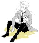  1boy beard beard_stubble can coat collared_coat collared_shirt d.gray-man dress_shirt facial_hair greyscale holding holding_can incoming_gift iyo_(kurumiwarin) light_smile long_sleeves looking_at_viewer male_focus mature_male monochrome necktie offering_food on_floor open_clothes open_coat pants parted_lips reever_wenhamm shirt shoes short_hair simple_background sitting smile solo spiked_hair steam striped_clothes striped_necktie stubble vest white_background 