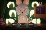  1other :3 ? absurdres androgynous animal_ears book bottle bowl commentary english_commentary furry grey_hair highres indoors jar looking_at_viewer made_in_abyss nanachi_(made_in_abyss) open_mouth pukey_goddess_shot_trick rabbit_ears short_hair smile smugbuns solo stuffed_chicken table tail tail_wagging upper_body whiskers yellow_eyes 