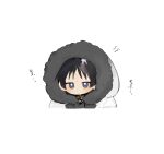  1boy black_hair blunt_ends chibi chibi_only choppy_bangs coat cropped_torso fatui_coat fur-trimmed_coat fur-trimmed_hood fur_trim genshin_impact hair_intakes highres hood hood_up hooded_coat lapels looking_at_viewer male_focus mitsudomoe_(shape) nitenmanten0 no_mouth portrait purple_eyes scaramouche_(genshin_impact) scaramouche_(harbinger)_(genshin_impact) solo tomoe_(symbol) translation_request white_background white_coat white_hood 