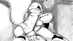 16:9 anthro armor bedroom_eyes belt canid canine canis clothed clothing clothing_lift coat_cape daisy_(dragonweirdo) domestic_dog dragonweirdo duo female flower hand_on_belly headgear helmet hi_res lying male male/female mammal monochrome narrowed_eyes on_back on_top plant puck_(dragonweirdo) rodent sciurid seductive shirt shirt_lift smile topwear tree_squirrel widescreen