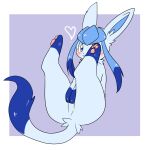 1:1 2019 :3 ambiguous_gender blue_body blue_fur blush cat_smile digital_media_(artwork) eeveelution fur generation_4_pokemon geometric_background glaceon glistening glistening_hair hair hand_on_crotch hands_on_crotch heart_symbol inner_ear_fluff joeri_kunisaki legs_up looking_at_viewer lying nintendo on_back one_eye_obstructed pawpads pokemon pokemon_(species) purple_background simple_background solo tuft