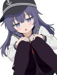  1girl akatsuki_(kancolle) arms_on_knees black_hat black_pantyhose black_sailor_collar black_skirt blue_eyes blue_hair blush crotch_seam hat highres jewelry jitome kantai_collection knees_together_feet_apart knees_up long_hair looking_at_viewer miniskirt open_mouth panties panties_under_pantyhose pantyhose peaked_cap ring sailor_collar school_uniform shirt sidelocks simple_background sitting skirt solo sugapi underwear upskirt white_background white_panties white_shirt 