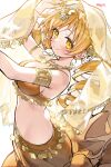  1girl absurdres arabian_clothes arm_up armlet belly_dancing blonde_hair breasts dancer drill_hair gold gold_armlet gold_necklace highres jewelry looking_at_viewer mahou_shoujo_madoka_magica mahou_shoujo_madoka_magica_(anime) medium_breasts medium_hair mitsureki_meyli necklace smile solo tassel tomoe_mami veil yellow_eyes 
