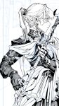  absurdres androgynous earrings greyscale highres jewelry long_hair looking_to_the_side matata1203 monochrome original pointy_ears ponytail scar scar_on_face solo unfinished weapon 