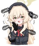  1girl :d black_coat black_gloves black_hat black_serafuku black_shirt black_skirt blonde_hair blue_archive blush coat commentary cropped_torso double-parted_bangs english_text fang fluffy_hair gloves green_eyes hair_between_eyes halo hat highres long_hair long_sleeves mesugaki neckerchief open_clothes open_coat professor_niyaniya_(blue_archive) red_neckerchief sari_(zakura27502762) school_uniform serafuku shirt sidelocks simple_background skin_fang skirt smile smug solo upper_body very_long_hair white_background yellow_halo 