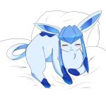2019 ambiguous_gender bed blue_body blue_fur blush cat_smile chest_tuft digital_media_(artwork) eeveelution eyes_closed fur furniture generation_4_pokemon glaceon inner_ear_fluff joeri_kunisaki lying lying_on_bed nintendo on_bed pillow pokemon pokemon_(species) simple_background solo tuft white_background