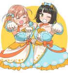  2girls :d ;d ^_^ absurdres bare_shoulders black_hair blue_bow blue_dress blunt_bangs bob_cut border bow bow_hairband breasts celebration!_(love_live!) cerise_bouquet clenched_hands closed_eyes collarbone commentary detached_sleeves dress ereka gloves green_eyes grin hair_bow hairband highres hinoshita_kaho looking_at_viewer love_live! love_live!_hasu_no_sora_jogakuin_school_idol_club medium_breasts medium_hair momose_ginko multiple_girls one_eye_closed open_mouth orange_hair orange_hairband outside_border outstretched_arm round_border short_hair short_sleeves simple_background smile strapless strapless_dress two_side_up virtual_youtuber white_border white_gloves yellow_background 