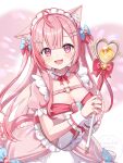  1girl ahoge animal_ears belt blue_bow blush bow breasts cat_ears cat_girl cat_hair_ornament chest_belt choker cleavage collarbone commentary_request dress fingernails frilled_choker frills hair_bow hair_ornament hairclip heart heart_hair_ornament heart_o-ring highres holding holding_staff indie_virtual_youtuber large_breasts long_hair looking_at_viewer maid_headdress momoshiki_tsubaki nail_polish neck_ribbon o-ring o-ring_belt open_mouth pink_bow pink_dress pink_eyes pink_hair pink_nails pink_ribbon ribbon short_sleeves smile solo staff two_side_up virtual_youtuber white_background white_choker yuuki_sakuna 