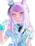  1girl animal_ears ascot black_ascot closed_mouth cropped_jacket expressionless gloves hat highres horse_ears horse_girl jacket long_hair looking_at_viewer luhuayoushiyiy1 mejiro_mcqueen_(end_of_the_skies)_(umamusume) mejiro_mcqueen_(umamusume) mini_hat official_alternate_costume puffy_short_sleeves puffy_sleeves purple_eyes purple_hair shirt short_sleeves simple_background solo top_hat umamusume upper_body white_background white_gloves white_hair white_jacket white_shirt 