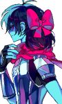  0916psy 1other androgynous armor black_bodysuit blue_hair blue_skin bodysuit breastplate cape colored_skin delta_rune_(symbol) deltarune fingerless_gloves gloves hair_between_eyes kris_(dark_world)_(deltarune) kris_(deltarune) looking_at_viewer other_focus red_cape red_eyes red_ribbon ribbon short_hair simple_background utdr_(toby_fox) 