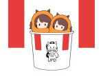  2girls animal_ears blush brown_hair bucket_of_chicken chibi chibi_only chicken_(food) colonel_sanders commentary_request food food_costume fried_chicken gold_ship_(umamusume) gomashio_(goma_feet) horse_ears horse_girl kfc long_hair multiple_girls no_mouth tosen_jordan_(umamusume) twintails umamusume |_| 