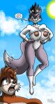 2026 alpha_(anti-lupe) anthro berty-j-a big_breasts black_hair blue_eyes boots bottomless bottomless_anthro bottomless_female breasts brown_body brown_fur brown_hair canid canine canis clothed clothing dialogue duo english_text female floating fluffy fluffy_tail footwear fur genitals grey_body grey_fur hair huge_breasts image_comics ineffective_clothing invincible_(image_comics) lobo_(sonic) male mammal nipples pink_nipples sharp_teeth shoes speech_bubble tail teeth text viltrumite vulva white_boots white_clothing white_footwear wolf