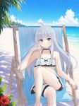  1girl absurdres ahoge bare_shoulders beach bikini black_bikini blue_eyes blue_sky blush braid breasts cleavage cloud collarbone day elaina_(majo_no_tabitabi) english_commentary grey_hair hair_between_eyes highres long_hair looking_at_viewer majo_no_tabitabi medium_breasts navel ocean outdoors rafli_anugrah sky smile solo stomach swimsuit 