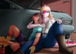abs adasaurus anthro blonde_hair blue_eyes bottomwear brown_hair car cavemanon_studios clothing denim denim_bottomwear denim_clothing dinosaur dromaeosaurid duo feathered_dinosaur feathered_scalie feathers female garage gerome_(volcaldera_ashfall) grey_eyes hadrosaurid hair hi_res hug i_wani_hug_that_gator jeans larger_female looking_at_viewer male marunishkek mia_moretti ornithischian ornithopod pants parasaurolophus prehistoric_species reptile saurischian scalie shirt sitting sitting_on_ground size_difference tank_top theropod topwear vehicle volcaldera_ashfall workshop