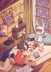 animal_humanoid bed bottomwear brother_(lore) brother_and_sister_(lore) cactus cameo castlevania clothing comic controller dolphin_shorts duo electronics female food furniture game_console gaming hi_res humanoid joy_(bosstones) kai_(bosstones) konami lagomorph leporid male mammal maneki-neko plant playing_video_game pocky poster rabbit shirt shorts sibling_(lore) signature sister_(lore) t-shirt television thecuix topwear window wristband