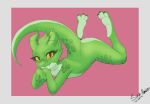 2022 2_horns 3_toes ambiguous_anthro ambiguous_gender anthro ass_up biped border butt claws colored countershade_face countershade_feet countershade_neck countershade_tail countershade_torso countershading dated digital_media_(artwork) eyelashes featureless_chest feet female flat_chested geometric_background green_body green_scales grey_border hi_res horn kobold looking_at_viewer lying meral_fleetfoot on_front pinup pose scales scalie seductive shaded signature simple_background soles solo sukk-madikk tail toes