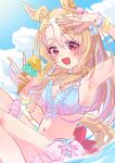  1girl ahoge animal_ears armpit_crease bare_shoulders bikini blonde_hair blue_bikini blue_sky blush bracelet breasts cloud flower fusaichi_pandora_(umamusume) gradient_bikini hair_between_eyes hair_flower hair_ornament highres holding holding_ice_cream_cone horse_ears horse_girl horse_tail ice_cream_cone jewelry long_hair looking_at_viewer medium_breasts morizu929 multicolored_hair navel ocean official_alternate_costume official_alternate_hairstyle open_mouth pink_bikini red_eyes sky smile solo stomach swimsuit tail umamusume water wrist_cuffs 