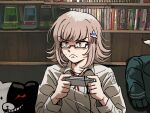  1boy 1girl angry angry_video_game_nerd controller couch cover danganronpa_(series) danganronpa_2:_goodbye_despair flipped_hair game_controller glasses hands_up highres indoors jacket james_rolfe kmnm_1403 komaeda_nagito medium_hair monokuma nanami_chiaki neck_ribbon out_of_frame red_ribbon ribbon sidelocks sitting solo unworn_jacket video_game_cover 