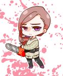  1girl black_bow black_pantyhose black_sash blood blood_on_weapon bow brown_hair cable_knit chainsaw chibi chibi_only closed_mouth commentary_request dress eyelashes full_body grey_dress highres holding holding_chainsaw kurashiki_akane kyokugen_dasshutsu long_hair long_sleeves outline pantyhose ponytail purple_eyes purple_shoes sash shoes solo splatter_background split_mouth sweater sweater_dress tebaken_mind weapon white_background white_outline zero_escape:_toki_no_dilemma 