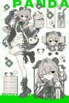  1girl animal_ears apron bag bamboo_steamer beat5727 between_breasts black_eyes boots bow bowtie breasts chibi chibi_inset drinking_straw dumpling food green_bow green_bowtie green_socks grey_hair hair_intakes highres holding holding_bamboo_steamer jacket long_hair maid_apron multiple_views one_eye_closed original panda panda_ears shoulder_bag socks solo steamed_bun v 