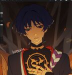  1boy art_program_in_frame artist_name bags_under_eyes bishounen black_hair black_kimono black_sleeves blunt_ends bright_pupils choppy_bangs crying crying_with_eyes_open doll_joints eyeliner genshin_impact gold grey_eyes hair_intakes half-closed_eyes hand_on_own_chest highres japanese_clothes jewelry joints juban kimono looking_down makeup male_focus mandarin_collar mitsudomoe_(shape) neck_ring open_hand parted_lips pink_lips portrait purple_rope red_eyeliner red_kimono rope scaramouche_(genshin_impact) scaramouche_(harbinger)_(genshin_impact) shimenawa single_sode solo tears tomoe_(symbol) tsurime white_kimono white_mouth white_pupils white_rope wolf_cut yukunnvi 