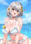  1girl absurdres bikini black_choker blue_bikini blurry blurry_background blush breasts choker cleavage collarbone commentary_request cowboy_shot flower grey_hair hair_flower hair_intakes hair_ornament highres hololive kenja_panda large_breasts looking_at_viewer open_mouth plaid_bikini plaid_clothes shirogane_noel shirogane_noel_(serene_wave_knight) short_hair sitting smile solo sunflower swimsuit tongue underboob virtual_youtuber 