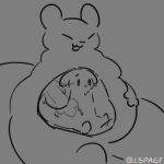 1:1 absurd_res ambiguous_gender anthro dripping duo gourmand_(rain_world) hand_on_belly hi_res lspagf male overweight rain_world satisfied semi-anthro sitting slugcat tail tongue tongue_out videocult vore worried x-ray_view