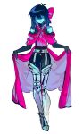  0916psy 1other absurdres androgynous armor bare_shoulders belt black_bodysuit black_sleeves black_unitard blue_hair blue_skin bodysuit cape colored_skin curtsey delta_rune_(symbol) deltarune expressionless greaves highres kris_(dark_world)_(deltarune) kris_(deltarune) other_focus pink_cape red_ribbon ribbon shaded_face short_hair silver_belt simple_background sleeves_past_wrists utdr_(toby_fox) very_long_cape white_background 