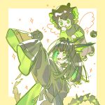  1boy 1girl ahoge animal_ears arknights arms_up bare_shoulders black_shirt cat_boy cat_ears child colored_inner_hair commentary crystal_horns crystal_tail drawn_wings fan_mu_zhang floating from_side green_eyes green_hair hand_to_own_mouth highres horns huge_ahoge layered_sleeves long_hair long_sleeves looking_at_another luo_xiaohei luo_xiaohei_(cat) luo_xiaohei_(human) mon3tr_(arknights) multicolored_hair off-shoulder_jacket off_shoulder open_mouth outside_border shirt short_eyebrows short_over_long_sleeves short_sleeves simple_background sleeves_past_fingers sleeves_past_wrists sparkle tail untranslatable_commentary white_background 