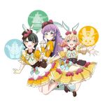  3girls 6th_live_dream_~bloom_garden_party~ :d animal_ear_headwear animal_ears beret black_hair blue_bow blue_bowtie blue_socks blue_thighhighs bow bowtie braid brown_hat cerise_bouquet closed_mouth commentary_request daime_(hyahhaa10) detached_sleeves fake_animal_ears floppy_ears flower flower_stand_art fushigi_to_kimi_to_library green_eyes hair_bow hair_flower hair_ornament hat hat_flower highres hinoshita_kaho juliet_sleeves long_hair long_sleeves looking_at_viewer lop_rabbit_ears love_live! love_live!_hasu_no_sora_jogakuin_school_idol_club low_twin_braids momose_ginko multiple_girls open_mouth otomune_kozue pink_flower pinstripe_pattern pinstripe_skirt pinstripe_sleeves puffy_detached_sleeves puffy_short_sleeves puffy_sleeves purple_hair rabbit_ear_headwear rabbit_ears shirt short_sleeves side_braids simple_background single_thighhigh skirt sleeveless sleeveless_shirt smile socks striped_bow striped_bowtie striped_clothes thighhighs translation_request twin_braids very_long_hair white_background white_shirt yellow_skirt 