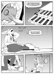 absurd_res anthro black_and_white braun_(kifyun2) canid canine clothed clothing comic cybernetics english_text eyes_closed fox hi_res inner_ear_fluff inside kifyun2 machine male mammal monochrome simple_background solo speech_bubble text tuft